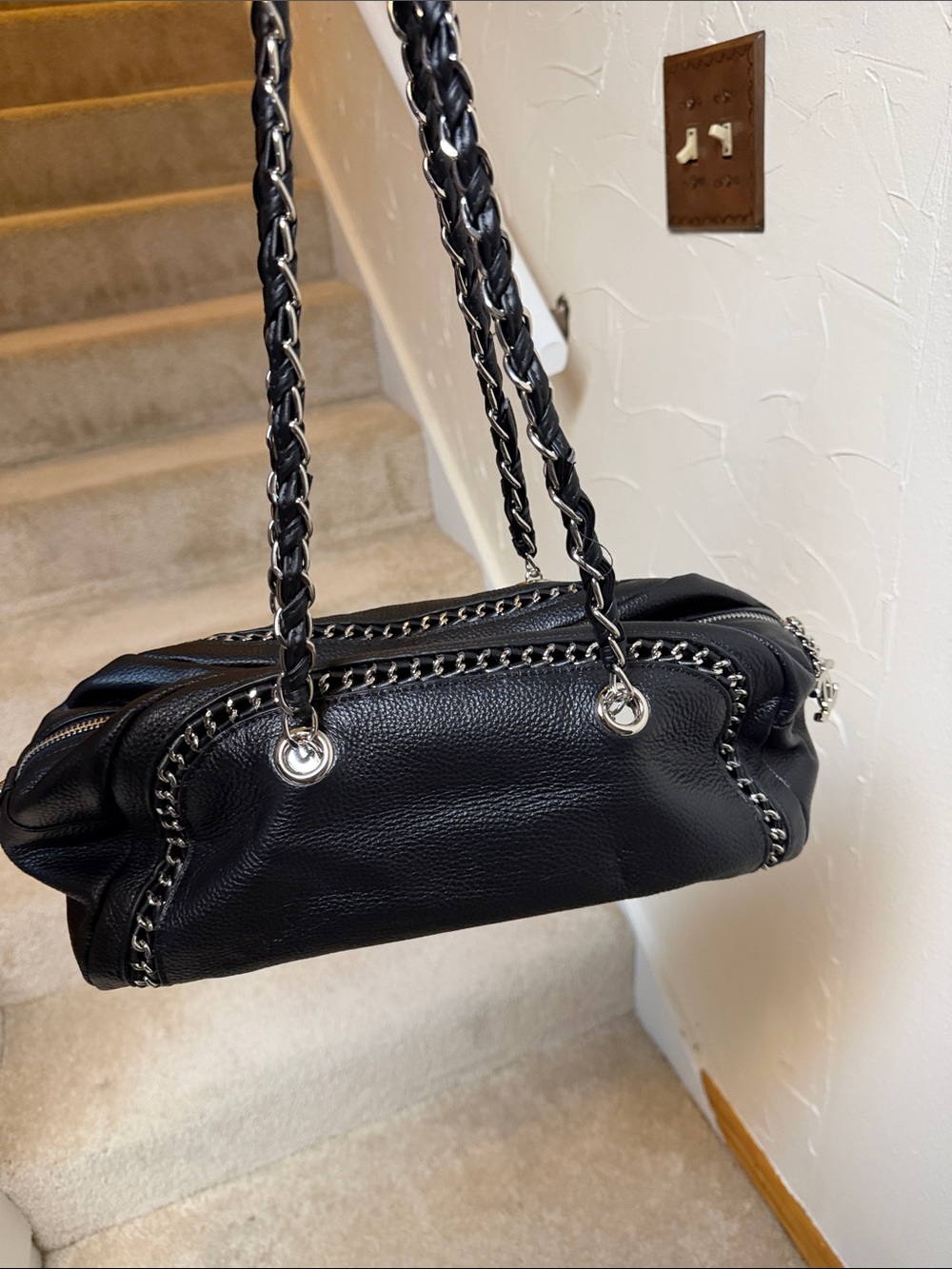Black Chain-Trim Leather Shoulder Bag